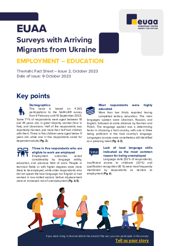 This Employment and Education factsheet provides information from the updated SAM - UKR survey on reception and registration for displaced persons from Ukraine.